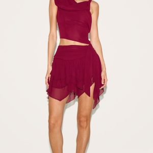 Wine Chiffon Frill Detail Mini Skirt