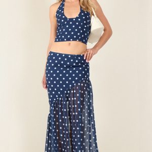 Navy Polka Dot Asymmetric Maxi Skirt