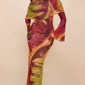 Orange Feather Print Lined Mesh Long Sleeve Maxi Dress