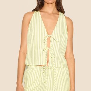 Lime Green Striped Sleeveless Tie Front Top