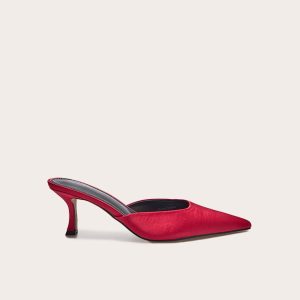 Red Satin Point Toe Mid Stiletto Heeled Mules