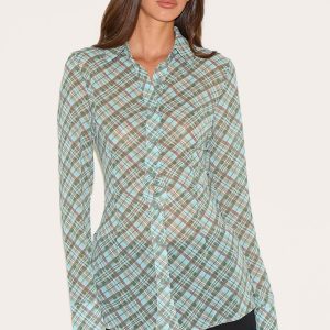 Green Check Sheer Fitted Shirt