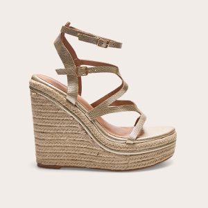 Gold Metallic Snake Strappy Heeled Wedges