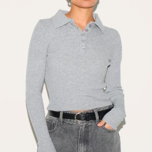 Petite Grey Knit Collared Longline Top