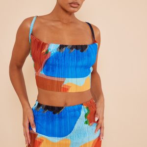 Blue Abstract Print Plisse Strappy Cowl Neck Top