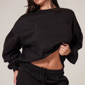 PRETTYLITTLETHING Black Boxy Embroidered Sweatshirt