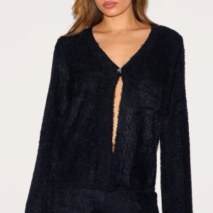 Black Textured V Neck Button Cardigan