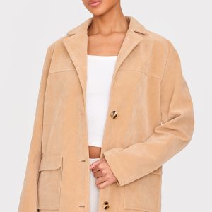 Beige Oversized Longline Faux Suede Blazer Coat