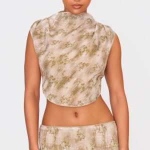 Green Sequin Tie Back High Neck Cowl Crop Top