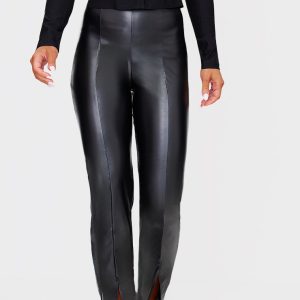 Black Faux Leather Seam Detail Split Hem Trousers