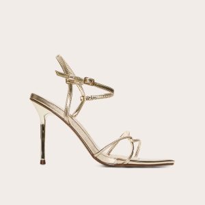 Gold Pu Point Toe Thin Strappy High Stiletto Heeled Sandals