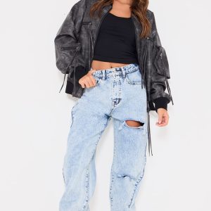 PRETTYLITTLETHING Acid Blue Wash Open Knee Boyfriend Jeans
