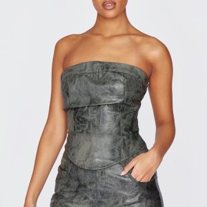Tall Washed Grey Faux Leather Lace Up Detail Corset Top
