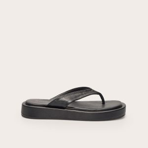 Black Pu Round Toe Thong Flatform Sandals