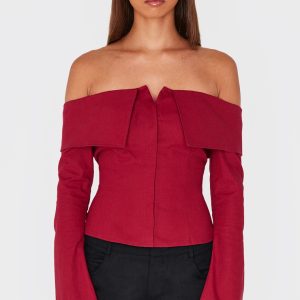Burgundy Bardot Foldover Long Sleeve Top