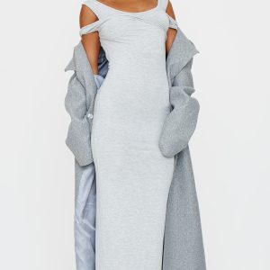 Grey Marl Ribbed Twisted Maxi Dress