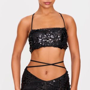 Black Sequin Strap Detail Crop Top