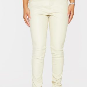 Petite Cream Button Up Faux Leather Skinny Trousers