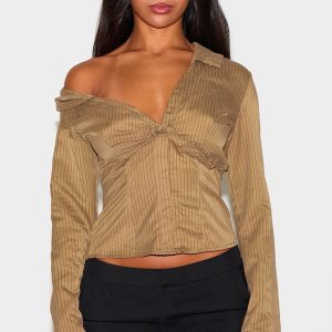 Olive Peach Skin Striped Plunge Shirt