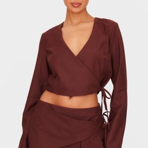 Chocolate Brushed Woven Tailored Wrap Tie Top