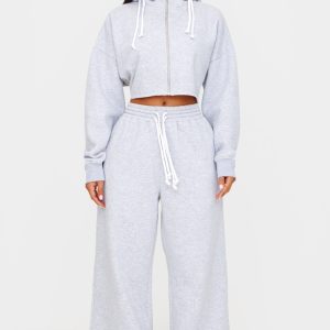 Petite Grey Drawstring Waist Wide Leg Joggers