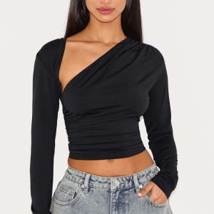 Petite Black Slinky Long Sleeve Ruched Side Top