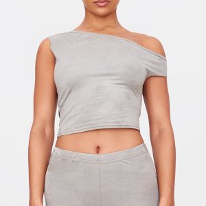 Light Khaki Faux Suede Asymmetric Crop Top