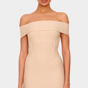 Beige Bandage Corset Detail Off The Shoulder Mini Dress