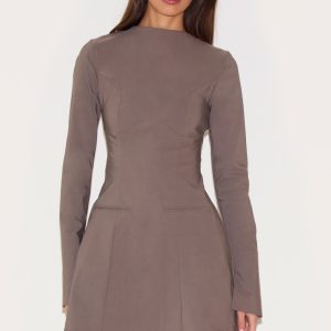 Mushroom Stretch Woven Boat Neck Flare Sleeve Shift Dress