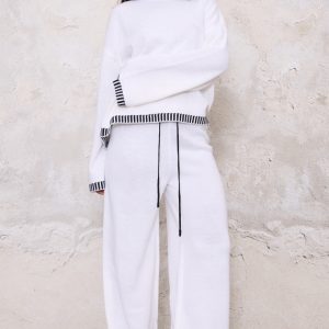 Cream Contrast Stitch Detail Knit Drawstring Waist Trousers