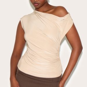 Sand Double Layer Slinky Backless Asymmetric Long Top