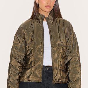 Olive Padded Wave Funnel Neck Jacket