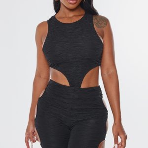 Shape Black Textured Cut Out Sleeveless Bodysuit