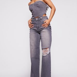 Washed Grey Detachable Bandeau Denim Jumpsuit