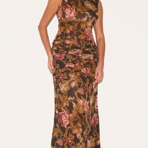 Plus Black Floral Printed Chiffon Ruched Detail Maxi Skirt