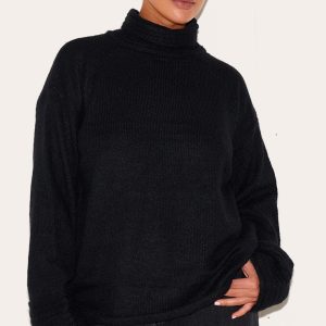 Plus Black Textured Knit Roll Neck Oversized Jumper