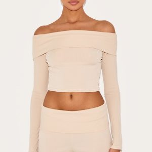 Beige Rib Bardot Foldover Flute Sleeve Longline Top - Beige, 6
