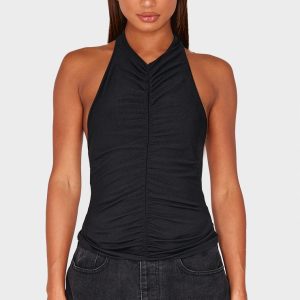 Black Contour Jersey Ruched Halter Neck Top