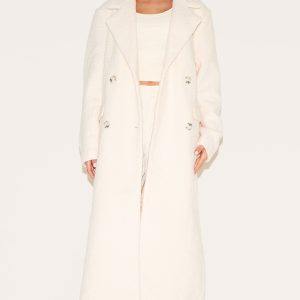 Ecru Boucle Double Breasted Structured Maxi Coat
