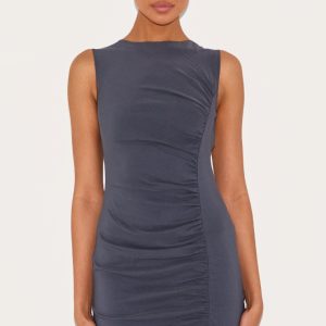 Charcoal Stretch Woven Ruched Bodycon Dress