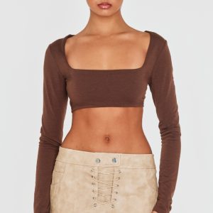 Brown Contour Jersey Square Neck Crop Top