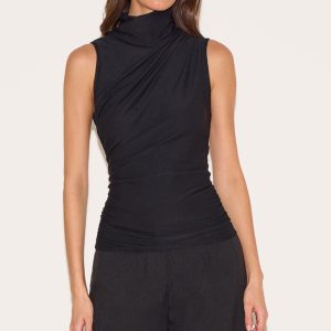 Black Soft Touch Ruched Side High Neck Top