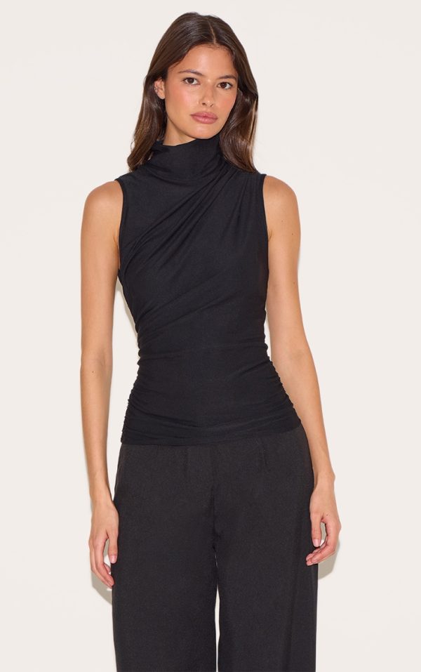 6abd9324751298941477e3151393671e21fab52d_CNM4277_1_black_soft_touch_ruched_side_high_neck_top