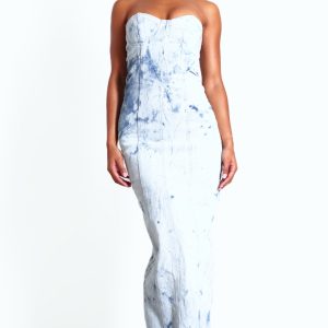 Blue Tie Dye Print Bustier Denim Maxi Dress