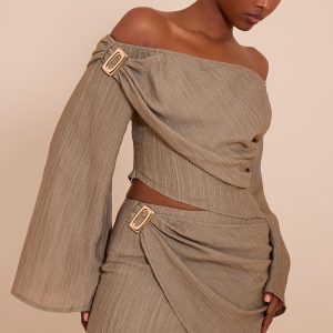 Mushroom Textured Gold Detail Bardot Long Sleeve Top