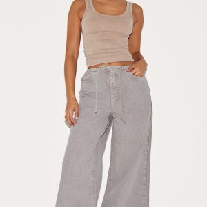 Petite Mushroom Low Rise Tie Waistband Wide Leg Jeans