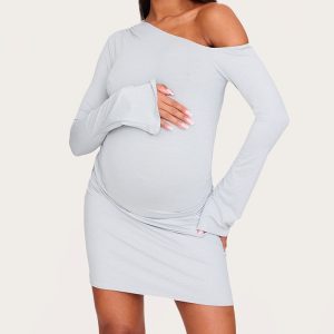 Maternity Grey Asymmetric Ruched Long Sleeve Mini Dress