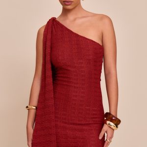 Rust Textured One Shoulder Drape Detail Bodycon Dress