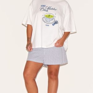 Plus White Matcha Print Oversized Tee PJ Set