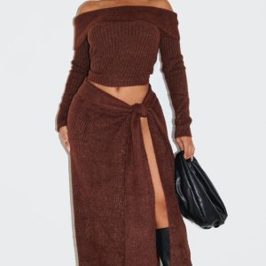 Shape Brown Knot Rib Knit Maxi Skirt